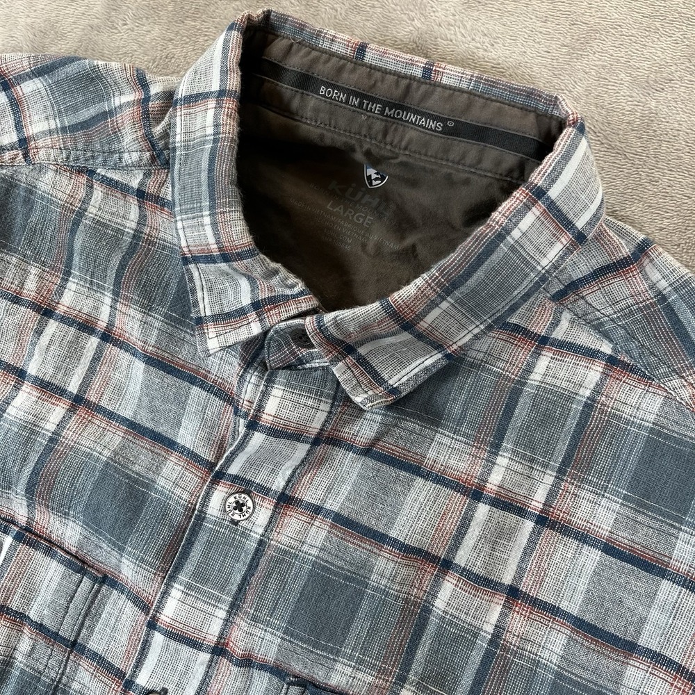 Kuhl Men's Large Blue Plaid Linen Blend Outdoor Hiking Short Sleeve Button Shirt